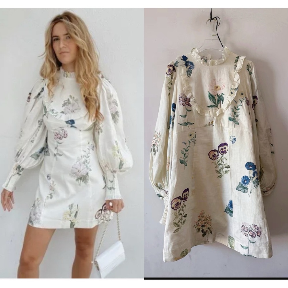 ALEMAIS Mini Dress Lantern Sleeve Ruffles Floral Print A-Line, US6